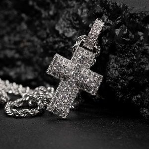 Small White Gold Plated Mens Cross Pendant Iced Cz Pointer Hip Hop Necklace